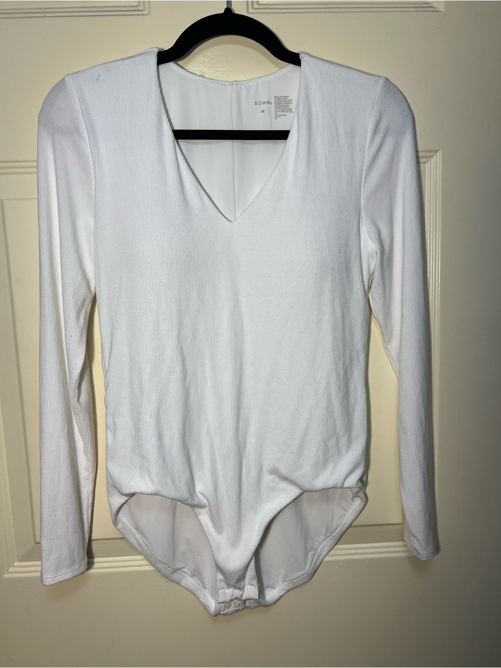 Soma White Ribbed V-Neck Long Sleeve Bodysuit